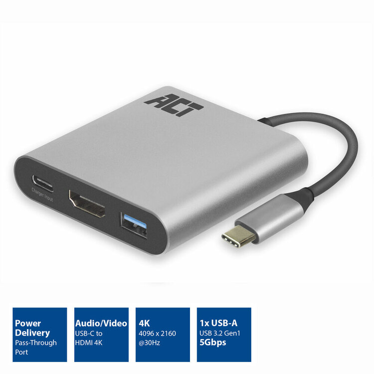 ACT USB-C multiport adapter voor 1 HDMI monitor, 1x USB-A, PD pass-through