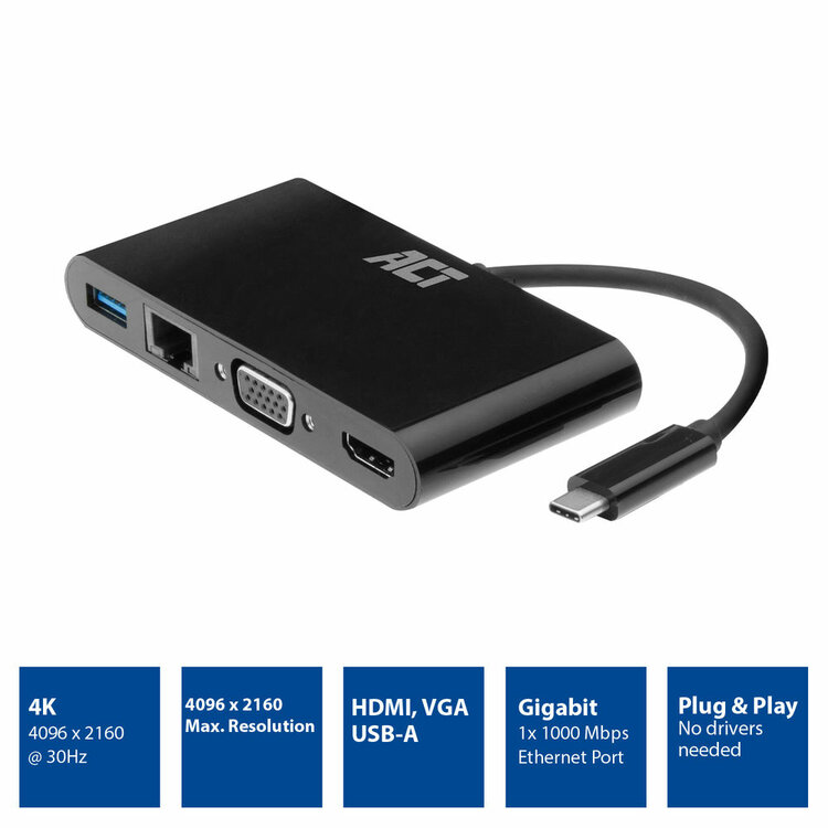 ACT USB-C docking station 4K, voor 1 HDMI of VGA monitor, ethernet, USB hub