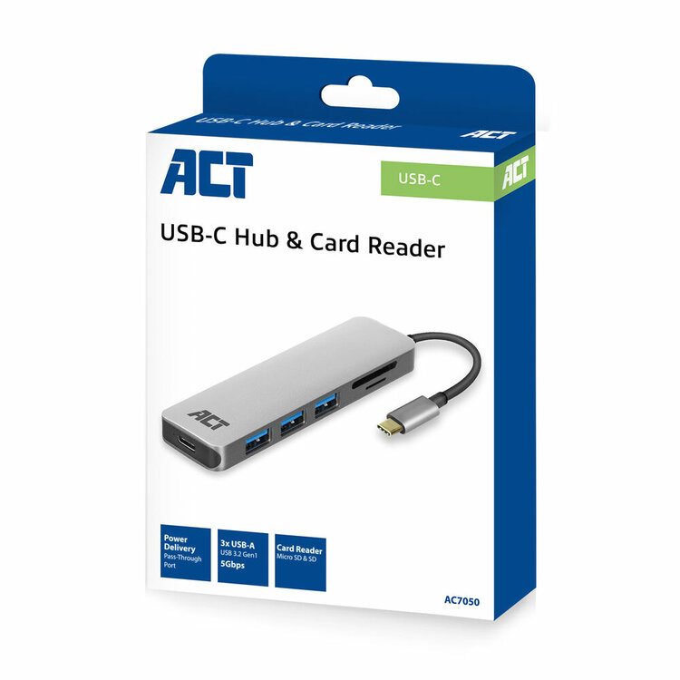 ACT USB-C hub 3.0, 3x USB-A, cardreader, PD pass-through