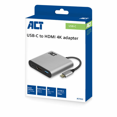 ACT USB-C multiport adapter voor 1 HDMI monitor, 1x USB-A, PD pass-through