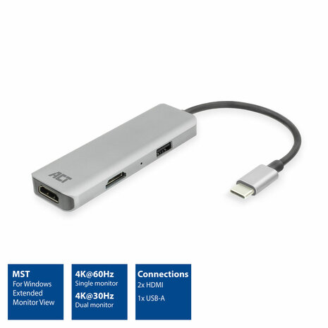 ACT USB-C 4K multiport adapter voor 2 HDMI schermen, USB-A datapoort