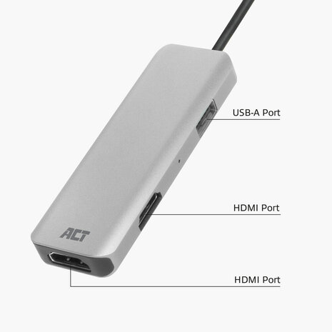 ACT USB-C 4K multiport adapter voor 2 HDMI schermen, USB-A datapoort