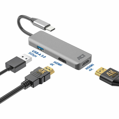 ACT USB-C 4K multiport adapter voor 2 HDMI schermen, USB-A datapoort