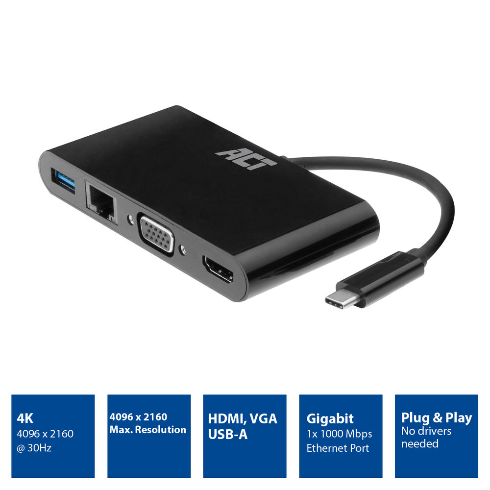 ACT USB-C docking station 4K, voor 1 HDMI of VGA monitor, ethernet, USB hub