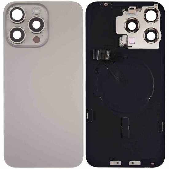 Originele pulled achterkant met wireless charging voor iPhone 15 Pro Max natural titanium (A/B-grade)