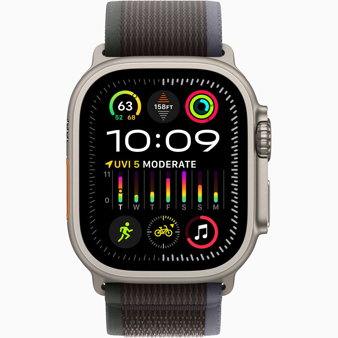 Apple Watch Ultra 2 49mm titanium met Trail Loop blauw/zwart - vooraanzicht